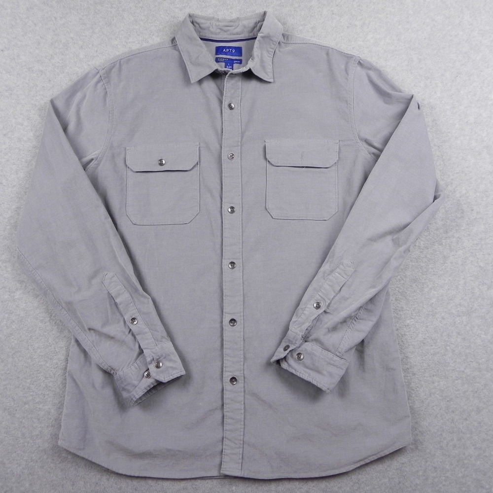 Apt 9 Shirt Mens Large Slim Fit Premier Flex Utility Button Up Gray Long Sleeve